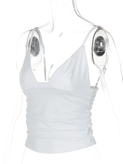 Hugcitar V Neck Solid Ruched Sexy Slim Y2K Crop Tank Top Summer Women Fashion Casual New Clothes Streetwear Beach Vacation