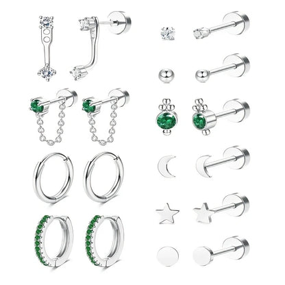 20pcs Stainless Steel Delicate Comfortable Green Gemstone Flat Back Earring Set,Hypoallergenic Small Hoop Earrings Jewelry Gifts A1-20pcs-Silvery CHINA