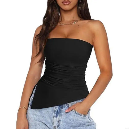 920L Strapless Ruched Asymmetrical Tube Top for Women Off Shoulder Bandeau Shirt Solid Color Side Split Fit Top Black CHINA