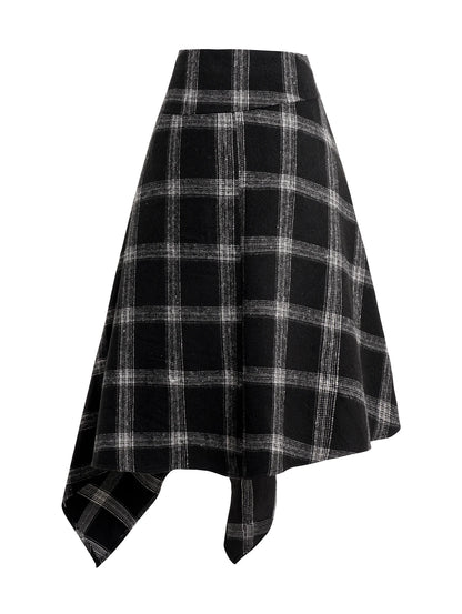 Dressfo Womens Asymmetic Hem Plaid Skirt Buckle Strap Detail Casual Midi A Line Dress Black Skirts 2024 New