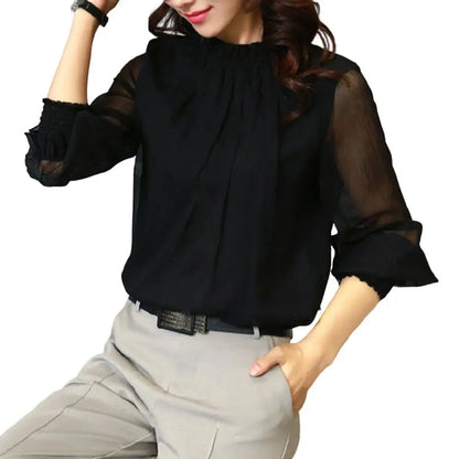 Perspective Net Mesh Sleeve Office Shirt Top Elastic Cuffs Women Shirt Elegant Ruffle Collar Blouse Solid Color Chiffon Shirt Black