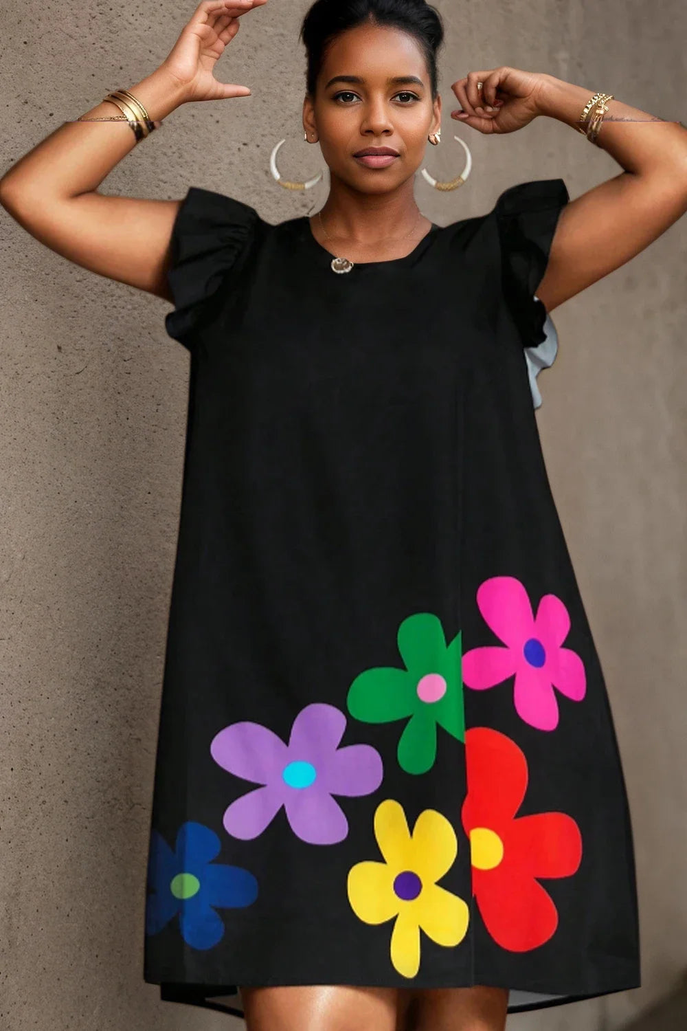 Women's Plus Size Mini Dress Ruffle Sleeve Round Neck Floral Printed Casual Elegant Retro Summer Loose Mid Dresses Vestidos