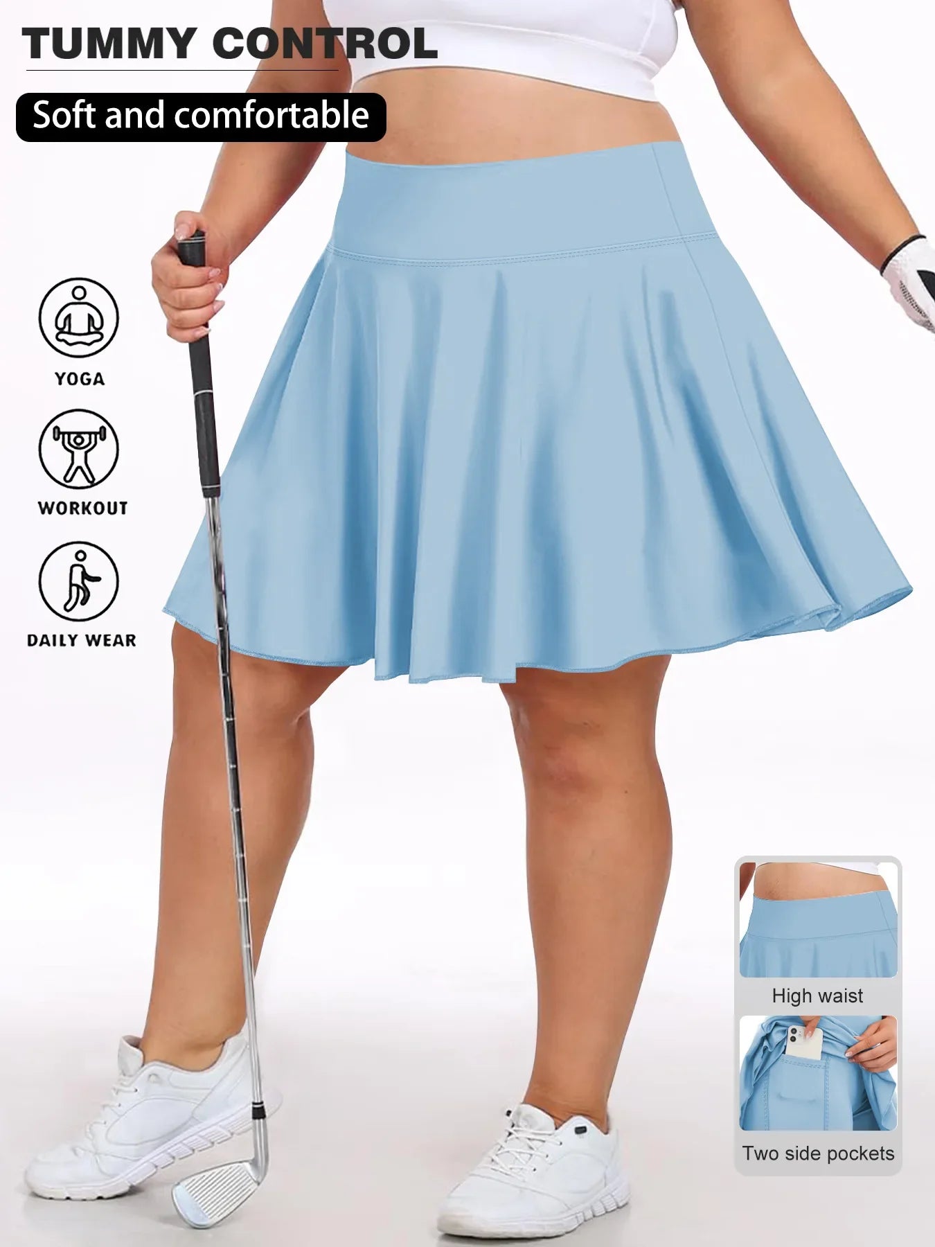 Plus Size Women with Pocket Short Skirt Fitness Short Skirt High Waist Fashion 200lbs Sports Short Skirt Gym Outdoor Solid Skirt