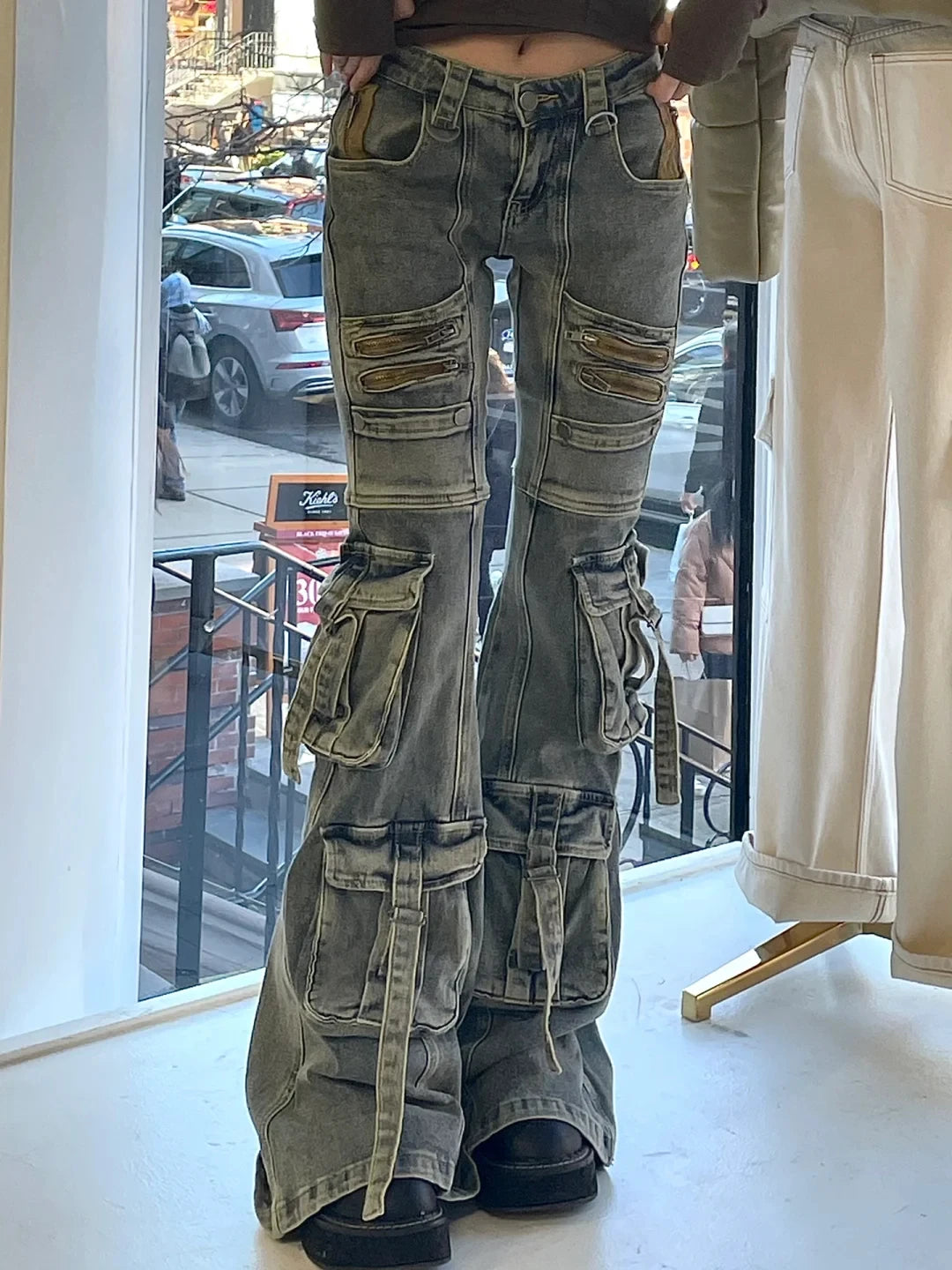 Women Abi Harajuku Y2K Streetwear Pantalones Low Rise Denim Goblin Core Flare Cargo Pants Jean Bell-Bottom Japanese Long Trouser