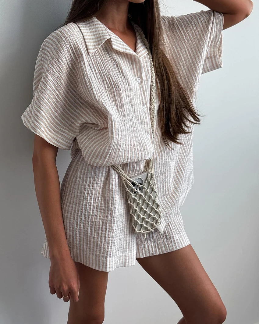 Hiloc Elegant Cotton Stripe Shorts Suits Pajamas Summer Short Sleeve Blouse With Elastic Waist Shorts 2 Piece Sets Home Outfits