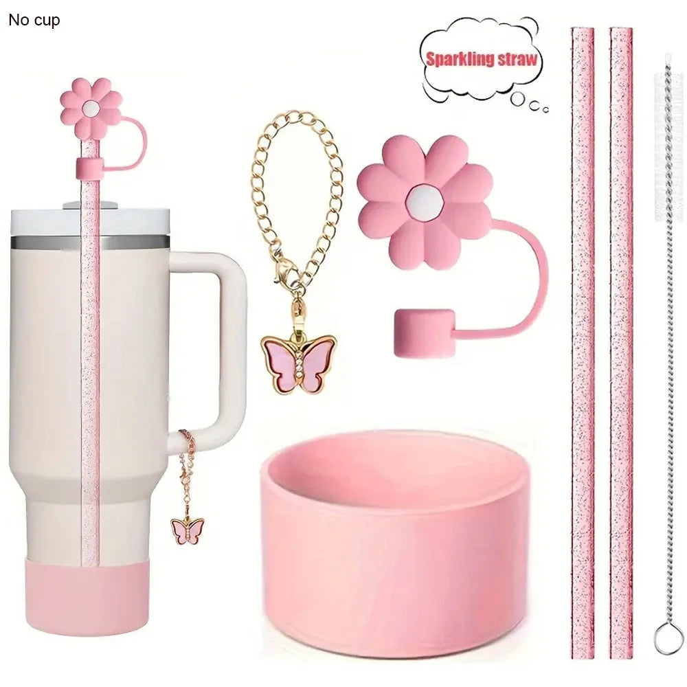 6pcs Reusable Accessories Set for Stanley 40oz Tumblers - Bow Straw Covers, Sparkling Straw, Protective Boot, Charm Chains Badiee Stylez