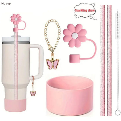 6pcs Reusable Accessories Set for Stanley 40oz Tumblers - Bow Straw Covers, Sparkling Straw, Protective Boot, Charm Chains Badiee Stylez