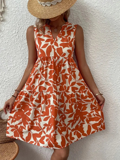 Women Boho Print Mini Dress Summer Elegant Sleeveless V Neck Ruffle A Line Tank Dress Casual Loose Oversize Beach Party Sundress Orange