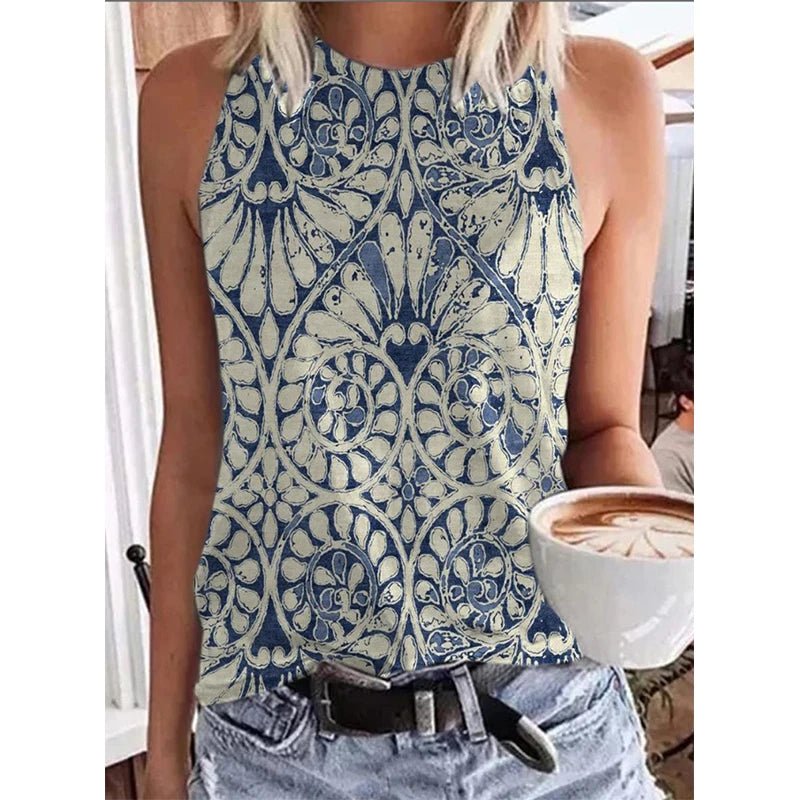 Ethnic Style Paisley 3D Print Tank Tops Women Retro Streetwear Y2k Oversized O-Neck Vest Off Shoulder Sleeveless Woman Camisole