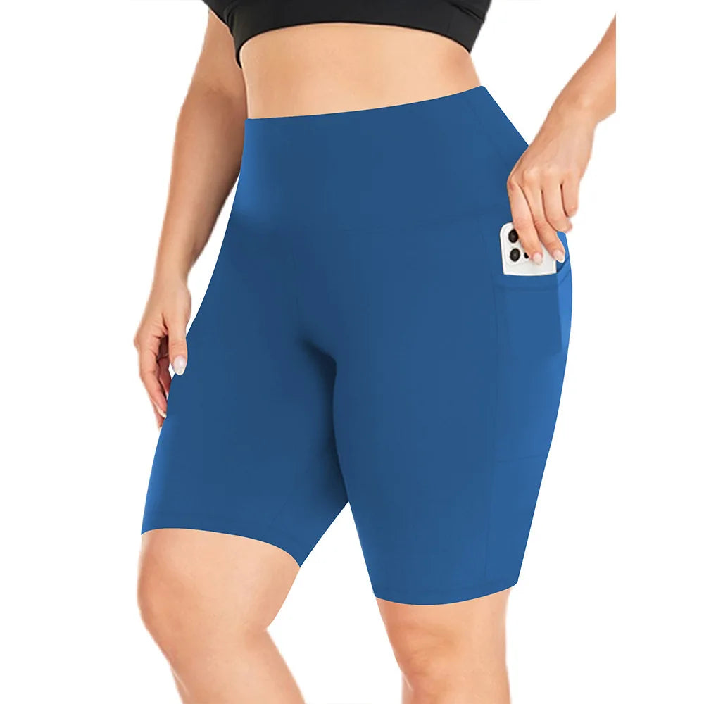 Women's High-Waisted Yoga Shorts Plus Size Workout Leggings with Dual Pockets Stretch European Style Activewear for Gym & Casual Blue