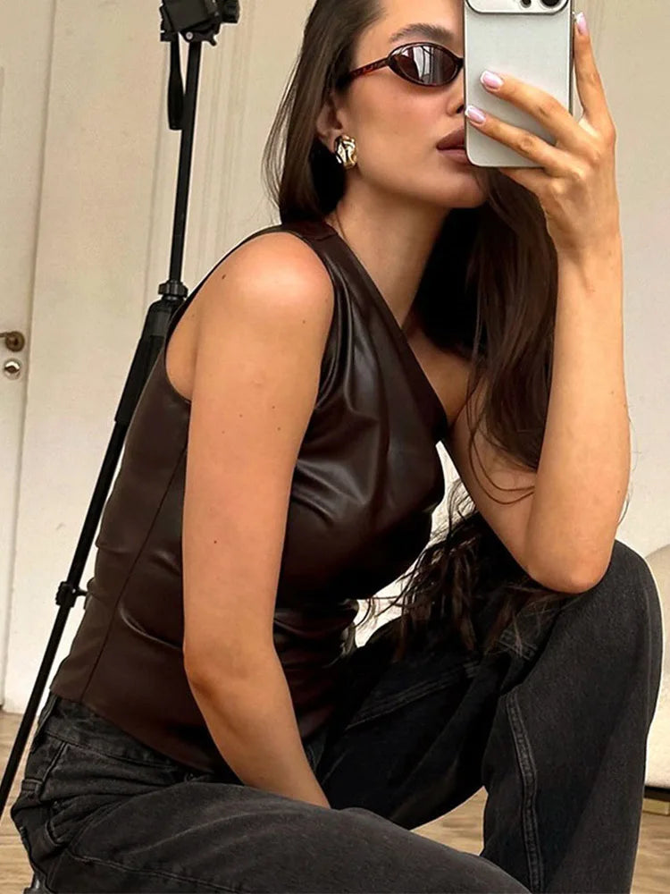 2025 Fall Snd Winter New Pure Color Slim Sleeveless One-Shoulder Slanting Collar Zipper Show Thin Jacket