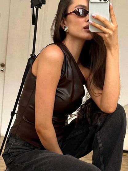 2025 Fall Snd Winter New Pure Color Slim Sleeveless One-Shoulder Slanting Collar Zipper Show Thin Jacket