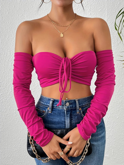 Sexy Ruched Crop T-Shirt - Off Shoulder, Long Sleeve, Drawstring Front, Flattering Fit, Clubwear, Night Out, Womens Fashion Clot Rose Red