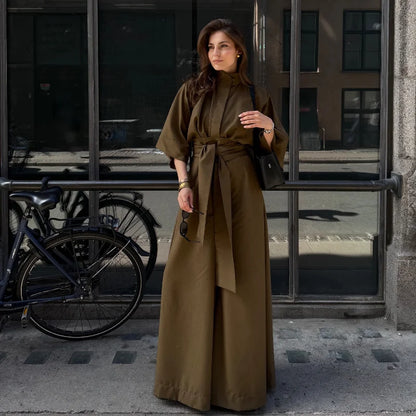 Linen Lace Up Women's Jumpsuit High V-neck Full Sleeve Top Loose Straight-leg Pants 2025 Summer Chic Female Casual Streetwear