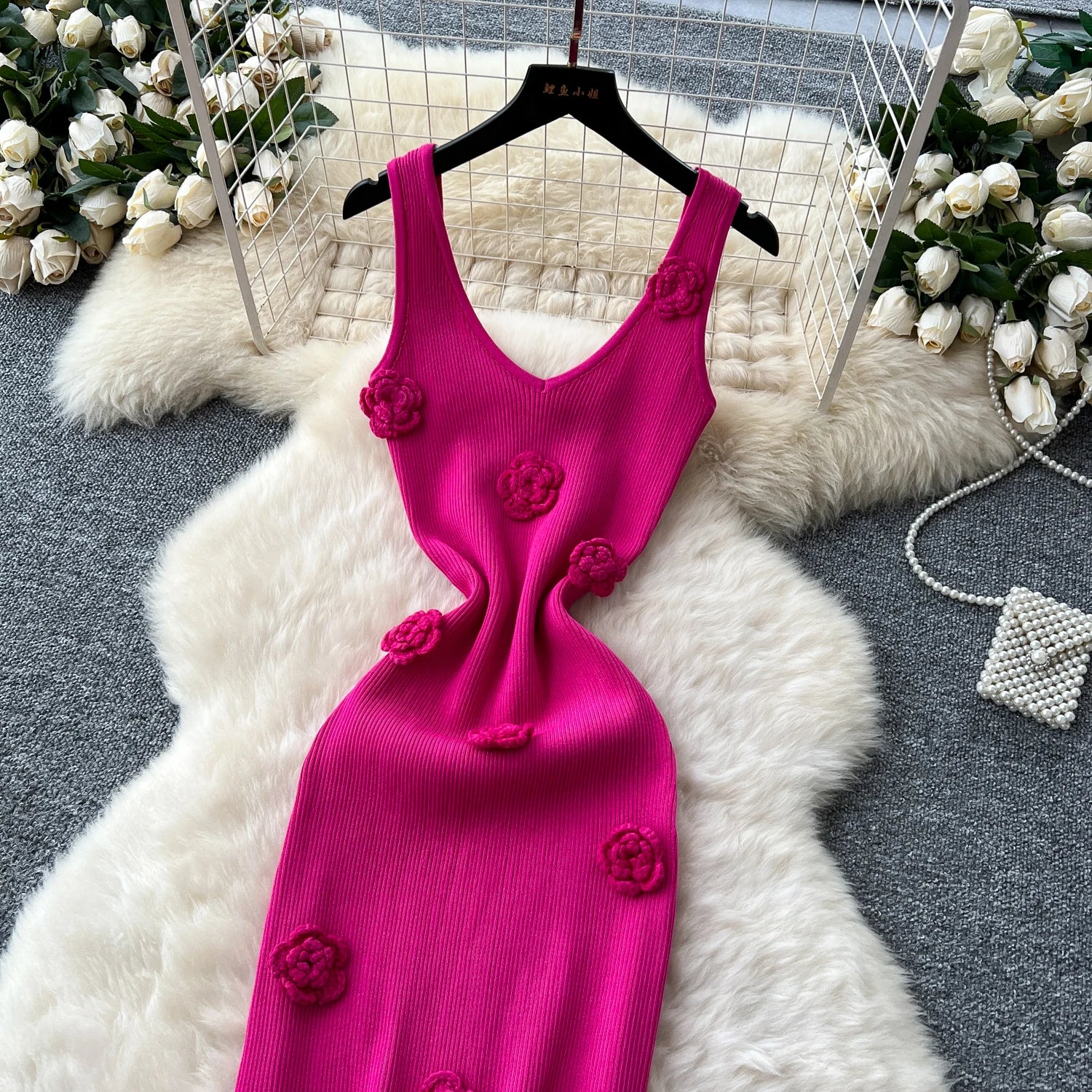 SINGREINY Knitted 3D Flower Chic Dress Sleeveless Slim Solid Elastic Sundress Women Summer Casual Fashion Bodycon Long Dresses