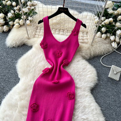 SINGREINY Knitted 3D Flower Chic Dress Sleeveless Slim Solid Elastic Sundress Women Summer Casual Fashion Bodycon Long Dresses