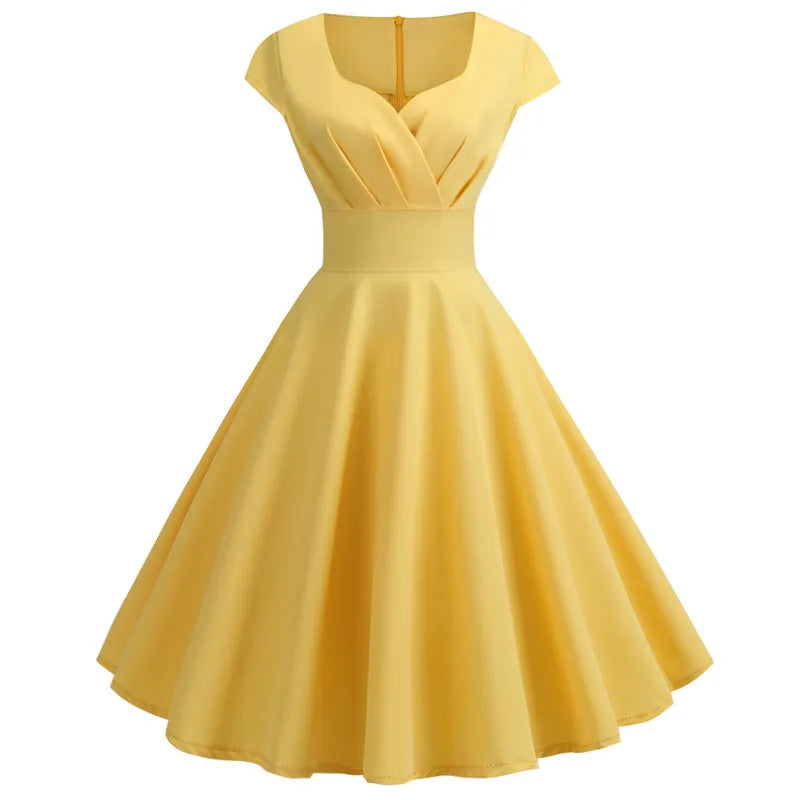 Pink Summer Dress Women V Neck Vintage Robe Elegant Retro pin up Party Office Midi Dresses Yellow