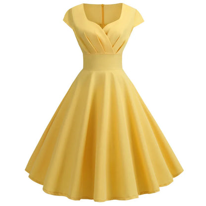 Pink Summer Dress Women V Neck Vintage Robe Elegant Retro pin up Party Office Midi Dresses Yellow