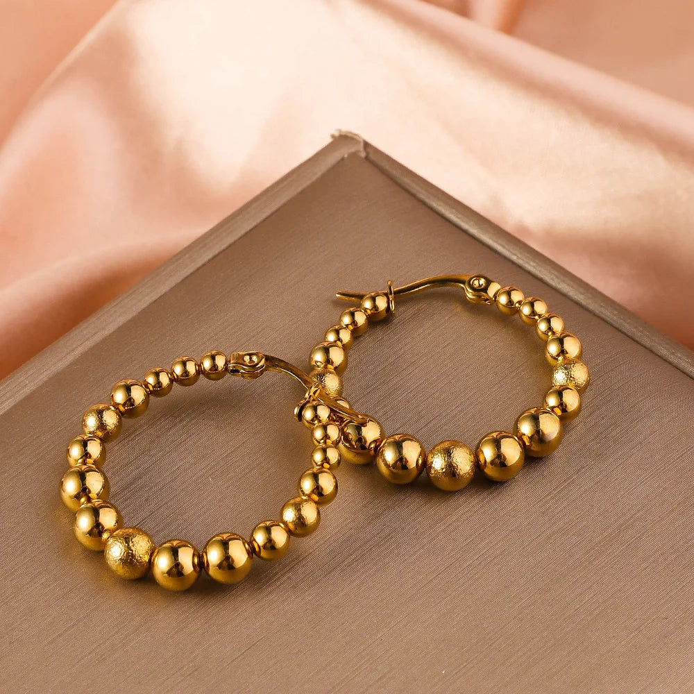 Stainless Steel Women's Hoop Earrings, Non Fading Fashionable Gold Color Metal Bead Earrings, Classic Jewelry Accessories