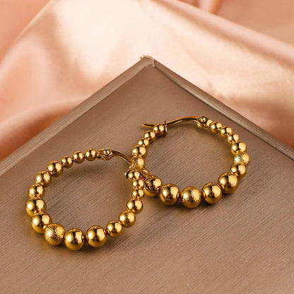 Stainless Steel Women's Hoop Earrings, Non Fading Fashionable Gold Color Metal Bead Earrings, Classic Jewelry Accessories