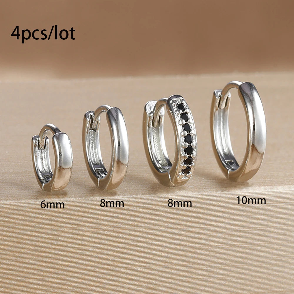 4PCS Set Stainless Steel Huggie Minimal Hoop Earrings 6/8/10mm Crystal Zirconia Helix Tragus Cartilage Earrings Piercing Jewelry Badiee Stylez