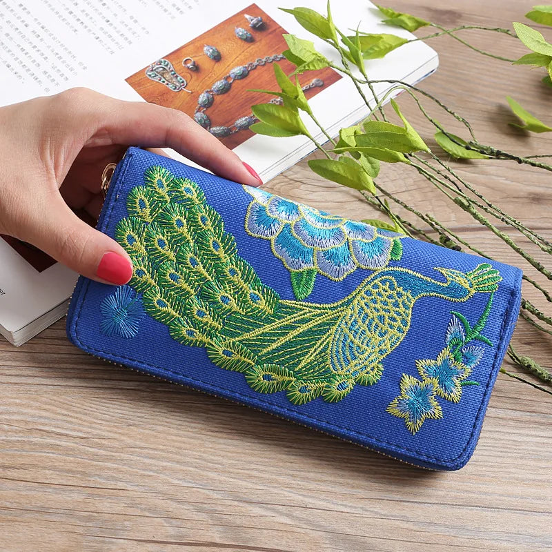 Ethnic Style Embroidery Ladies Wallets Rose Pattern Long Clutch Cloth Money Bag Large Capacity Phone Pocket Women Coin Purse Blue Peacock CHINA