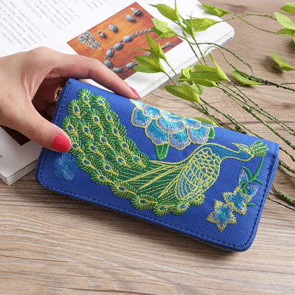 Ethnic Style Embroidery Ladies Wallets Rose Pattern Long Clutch Cloth Money Bag Large Capacity Phone Pocket Women Coin Purse Blue Peacock CHINA
