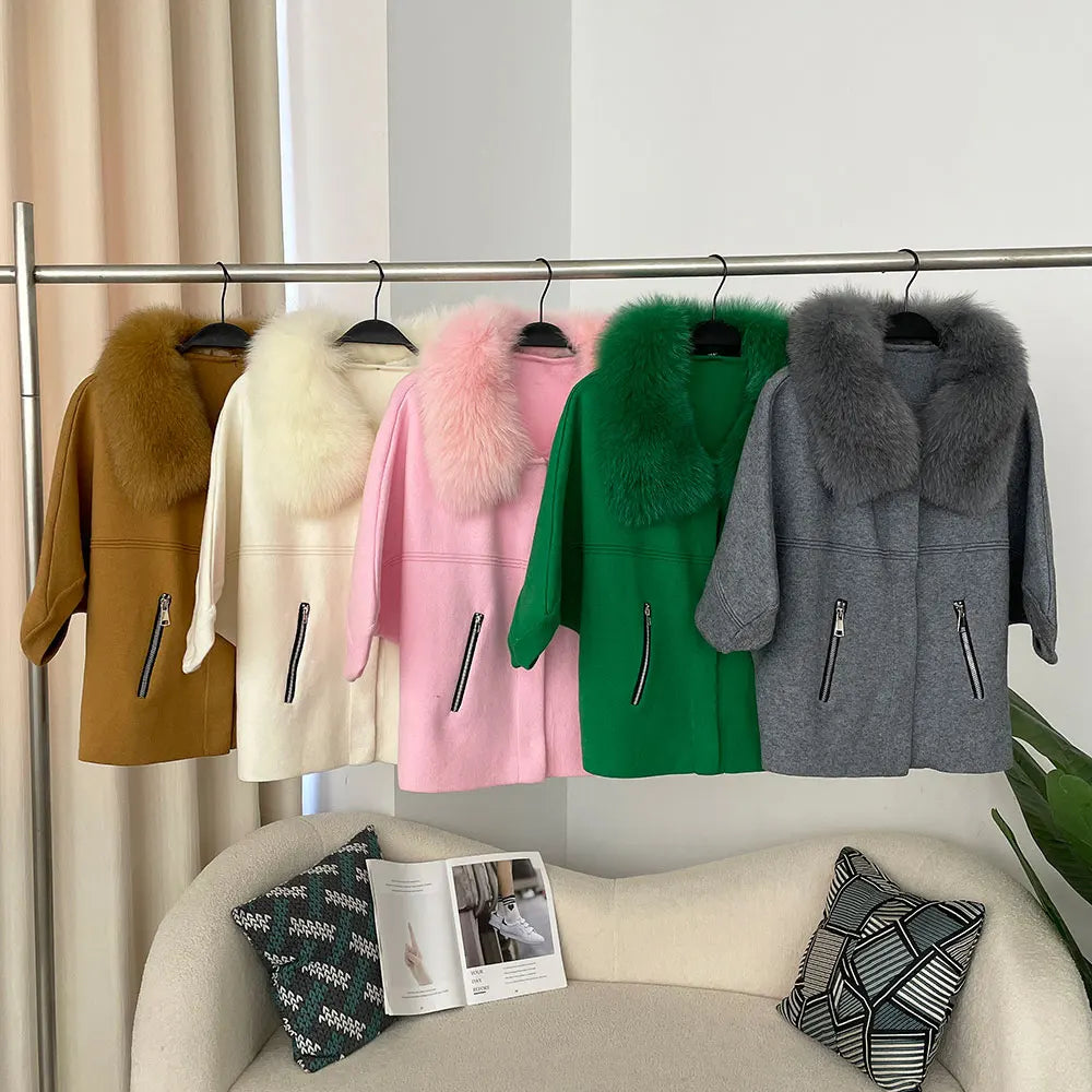 FURYOURSELF 2025 New Real Fox Raccoon Fur Collar Coat Knitted Sweater Women Short Sleeve Jacket Thick Warm Outerwear streetwear