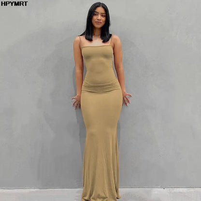 Satin Slip Sleeveless Backless Slim Sexy Maxi Dress 2022 Spring Women Party Y2K Concise Bodycon Elegant Dresses Female Clothing Khaki