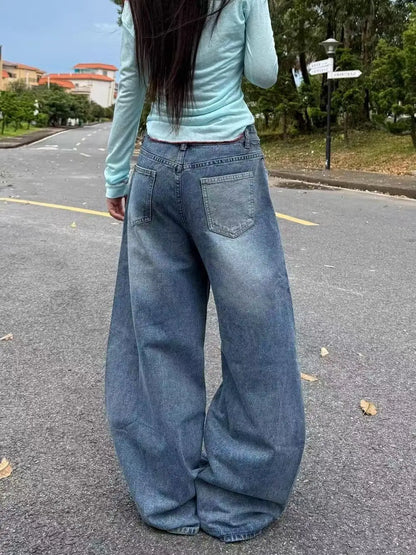 Y2K fashion retro cartoon embroidered women wide-leg jeans casual Harajuku loose pants street personality high-waisted jeans