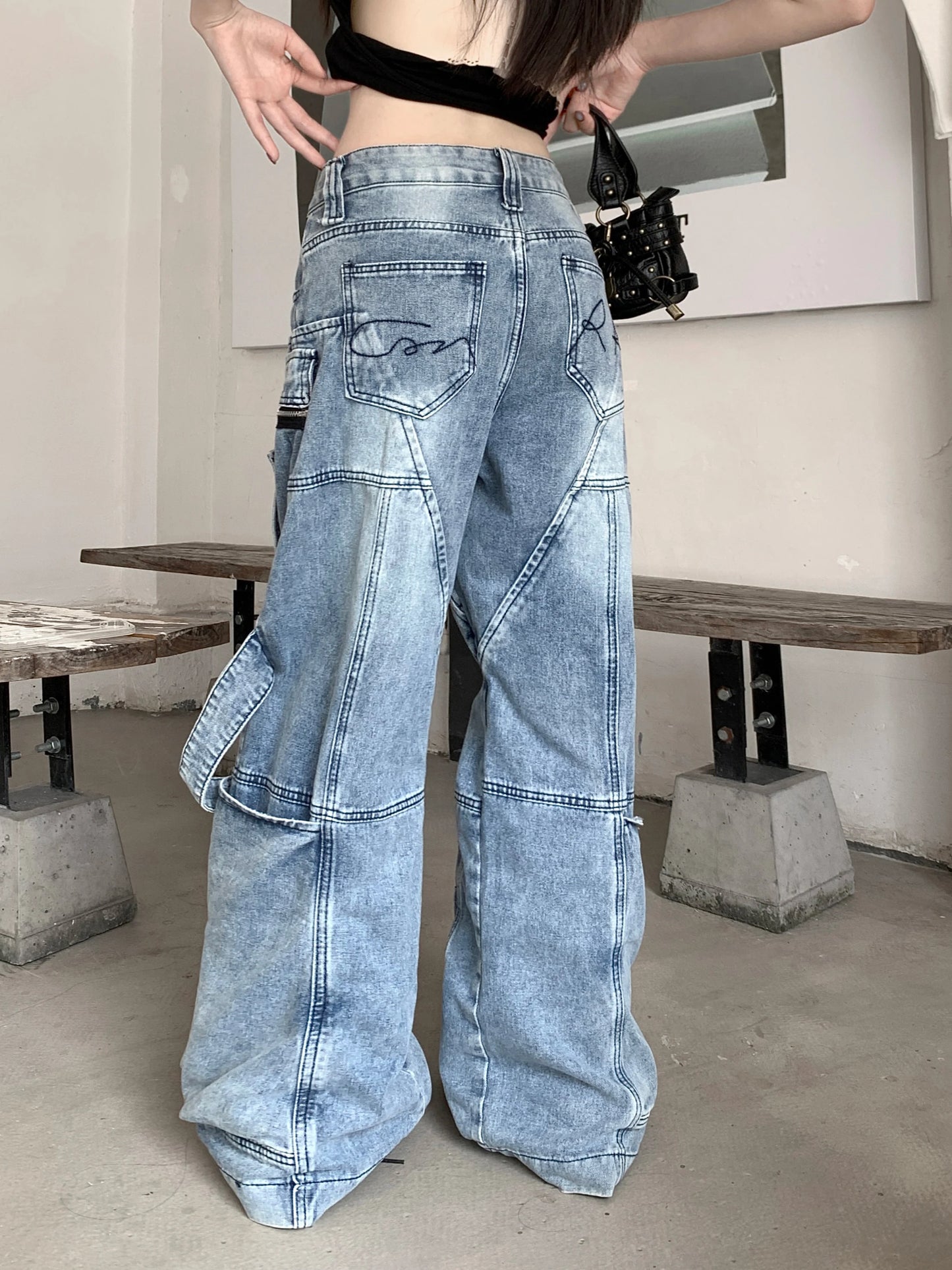 Women's Blue Cargo Baggy Jeans Y2K American High Street Oversize Harajuku Aesthetic Vintage Jeans Pants Trousers Clothing 2025