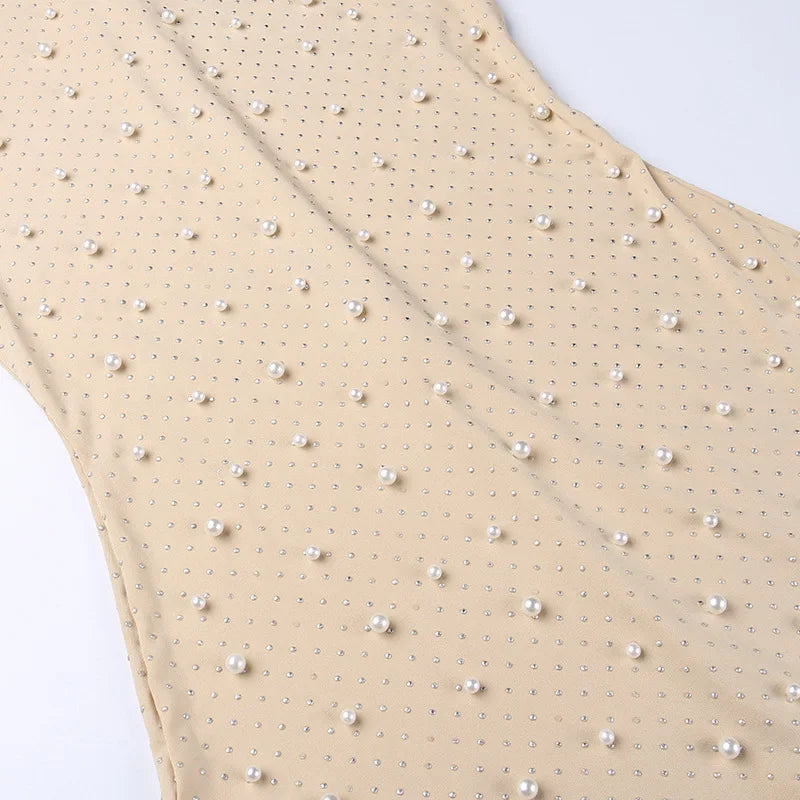 Sexy O-neck Sleeveless Jumpsuit Women Summer Beaded Mesh Rompers Skinny Elegent One Piece Apricot Fashion Hot Combinaison Femme