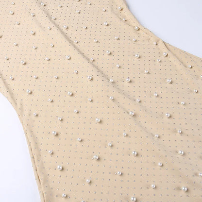 Sexy O-neck Sleeveless Jumpsuit Women Summer Beaded Mesh Rompers Skinny Elegent One Piece Apricot Fashion Hot Combinaison Femme