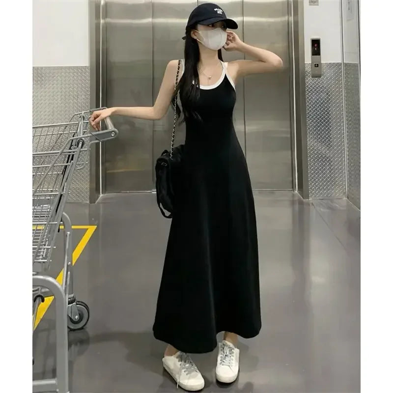 New Fashion Summer Black Loose Slip Dress Off Shoulder Solid Simplicity All-match Sleeveless Dress Temperament Women Clothing