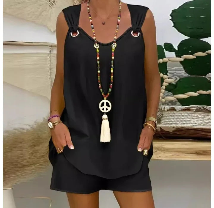 Women High Waist Short Sets Streetwear Elegant Fashion Versatile Solid Color Sleeveless Casual Top and Shorts Suits for Female