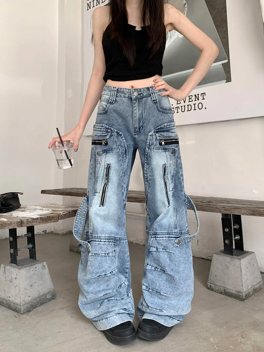 Women's Blue Cargo Baggy Jeans Y2K American High Street Oversize Harajuku Aesthetic Vintage Jeans Pants Trousers Clothing 2025