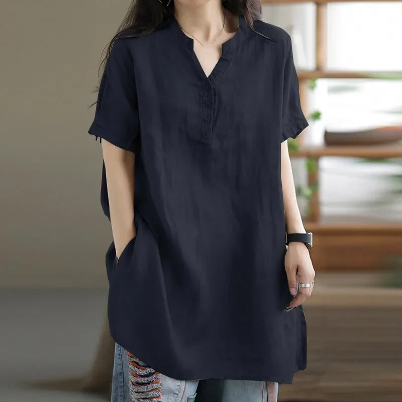 2024 Summer Fashion Cotton and Hemp Women's Shirt Commuting Style Casual Half Open Short Sleeve Casual Shirt Top