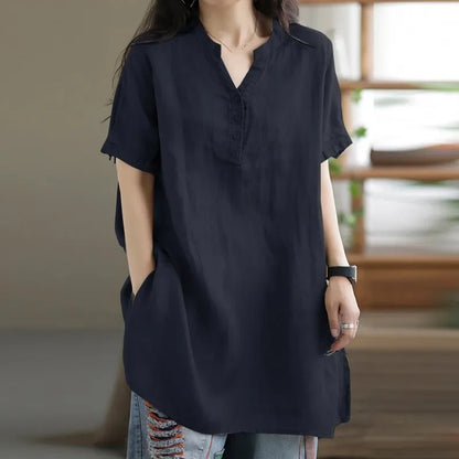 2024 Summer Fashion Cotton and Hemp Women's Shirt Commuting Style Casual Half Open Short Sleeve Casual Shirt Top