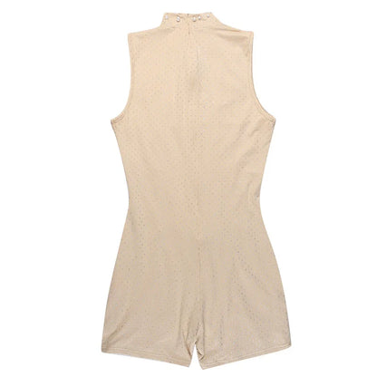 Sexy O-neck Sleeveless Jumpsuit Women Summer Beaded Mesh Rompers Skinny Elegent One Piece Apricot Fashion Hot Combinaison Femme