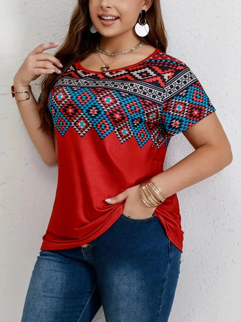 Women T Shirt Plus Size Tops Fashion clothes Women's Plus Southwestern Print Casual Tees Round Neck Short Sleeve T-shirt Tops CTX-188