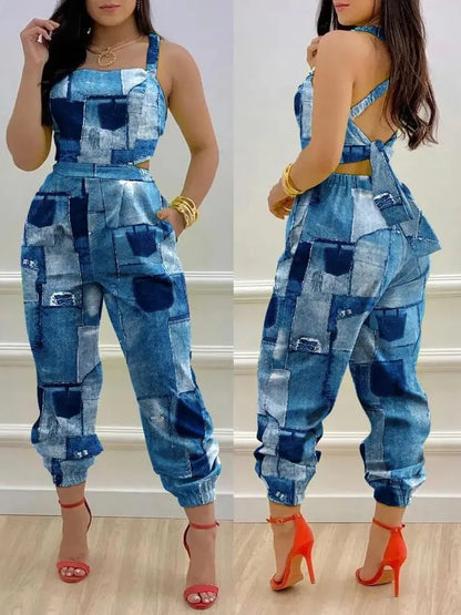 New Summer Fashion Printed Sleeveless Jumpsuit Sexy Hollow Backless Lace Up Long Jumpsuits Elegant Casual Jumpsuit With Pocket Badiee Stylez