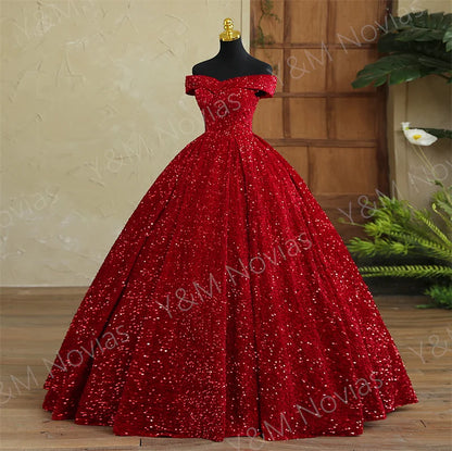 Y&M Novias Custom Plus Size Luxury Sequins Bow Off Shoulder Dark Red Quinceanera Dresses 15 Ball Gown For Party Vestido De Noiva Badiee Stylez
