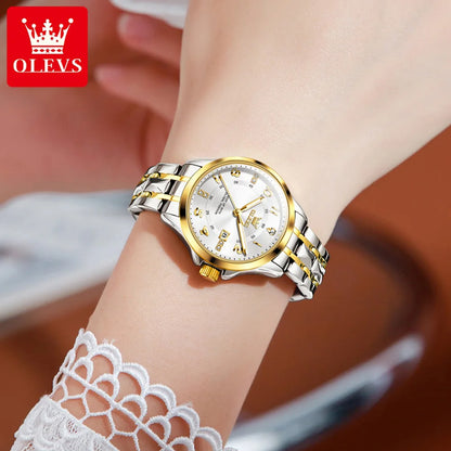 OLEVS 2910 Original Quartz Watches for Women Rhombus Steel Strap Waterproof Luminous Calendar Elegant Luxury Ladies Wristwatches