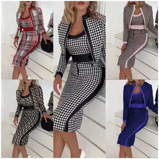 Fashionable Sweet Style Long Sleeve Print Jacket Vest And Skirt Three Piece Set Women's Slim Fit Spring Autumn Clothing Badiee Stylez