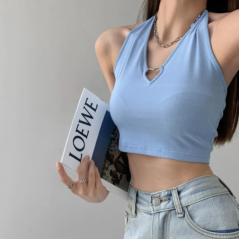 Women V Neck Hearted Hollow Out Halter Camis Tank Tops Summer Fashion Slim Cropped Lace Up Camisole SKY BLUE One Size