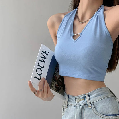 Women V Neck Hearted Hollow Out Halter Camis Tank Tops Summer Fashion Slim Cropped Lace Up Camisole SKY BLUE One Size