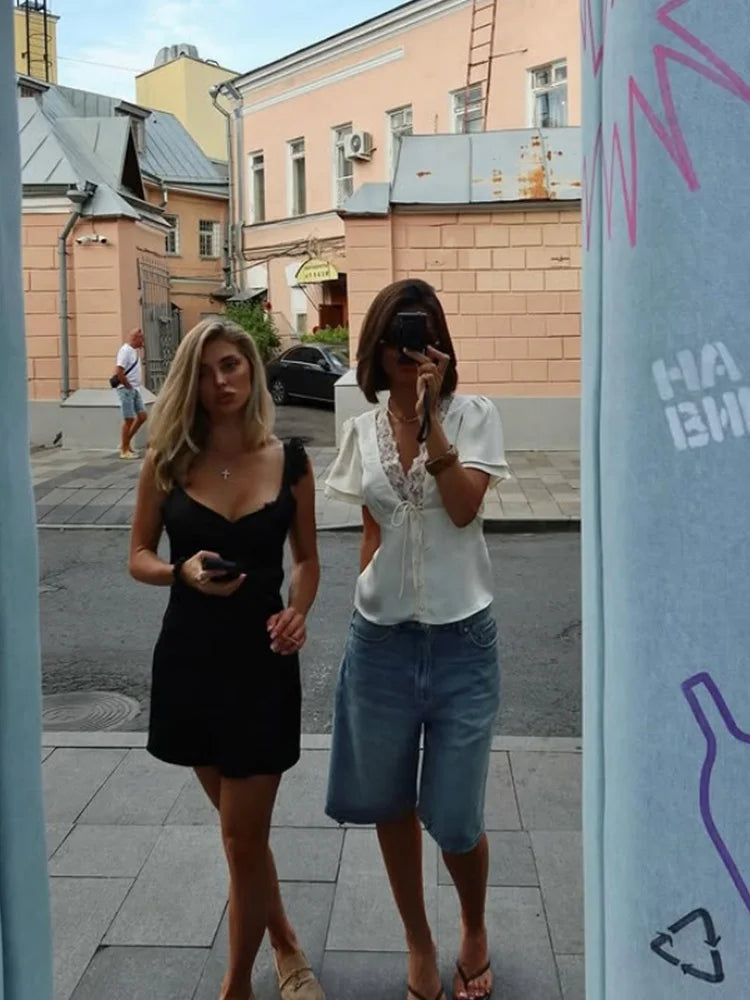 Lace Patchwork Short Sleeve Tops for Women V Neck Sheath Solid Tees Fashion Female Sexy Club T-shirts Elegant Casual