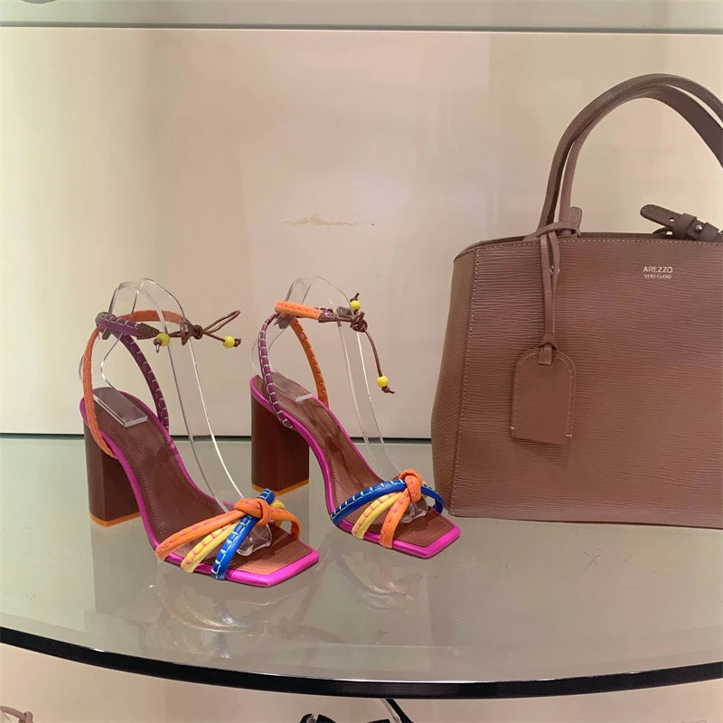 European and American square toe color-blocking thick sole, ethnic style fashion versatile strap high-heeled sandals for women.