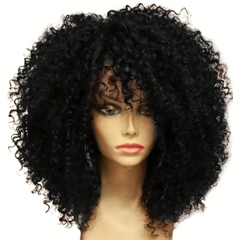 16 Inch Afro Kinky Curly Hair Wigs With Bangs Soft Fluffy Synthetic Fiber None Lace Wigs For Party Cosplay Daily Use Badiee Stylez