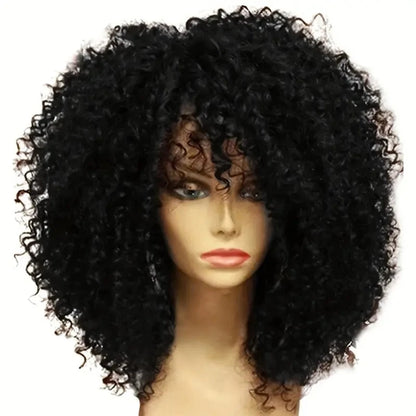 16 Inch Afro Kinky Curly Hair Wigs With Bangs Soft Fluffy Synthetic Fiber None Lace Wigs For Party Cosplay Daily Use Badiee Stylez